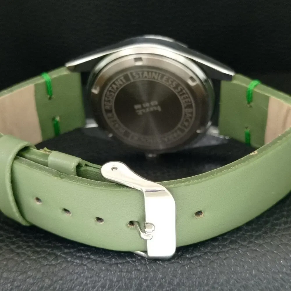 Vintage 1985 HMT Manual Wound Mens Silver Watch & Green accents